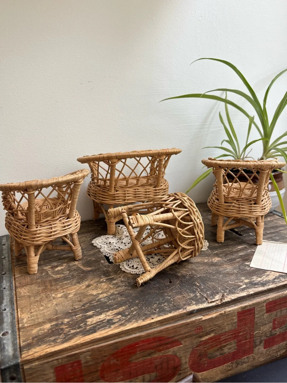 Vintage miniature Natural Rattan Wicker chair and sofa set loveseat
